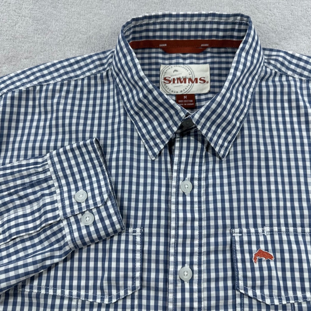 Simms Button Down Shirt Men Medium Blue White Gingham Long Sleeve Outdoor Casual